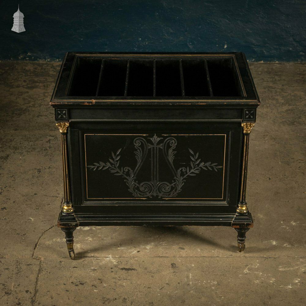 Victorian Canterbury Sheet Music Rack, Ebonised Hardwood With Gold Column Details
