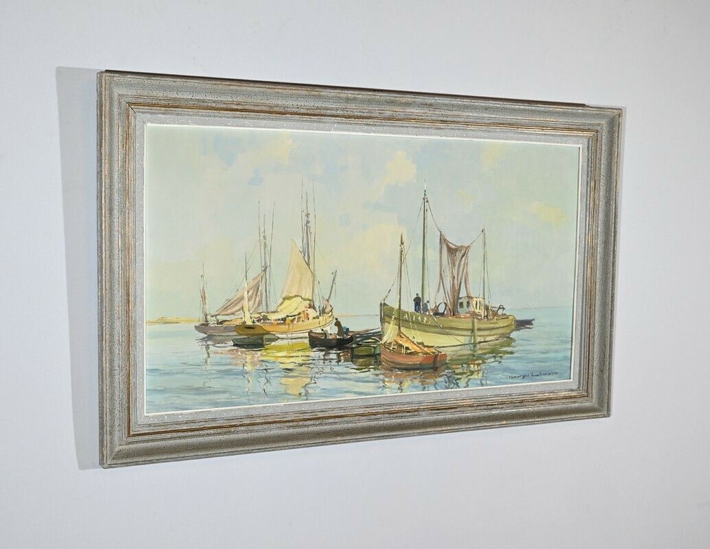 Oil Painting On Hardboard “Trawler And Tuna Boats”, Signed G.Lhermitte – Mid 20th Century photo for sale