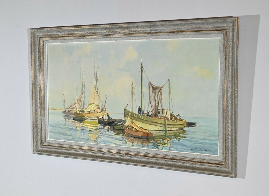 Oil Painting On Hardboard “Trawler And Tuna Boats”, Signed G.Lhermitte – Mid 20th Century photo Art