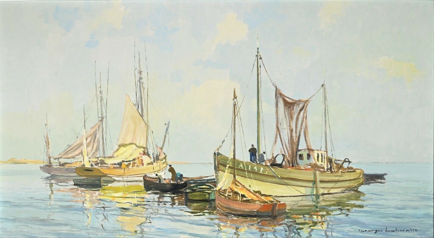 Oil Painting On Hardboard “Trawler And Tuna Boats”, Signed G.Lhermitte – Mid 20th Century photo 1388.83870991