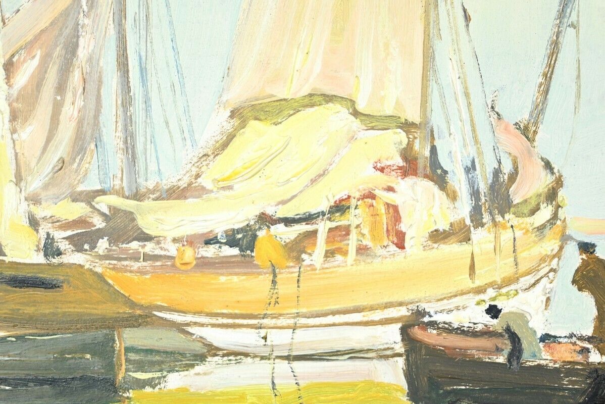 photo buy Oil Painting On Hardboard “Trawler And Tuna Boats”, Signed G.Lhermitte – Mid 20th Century