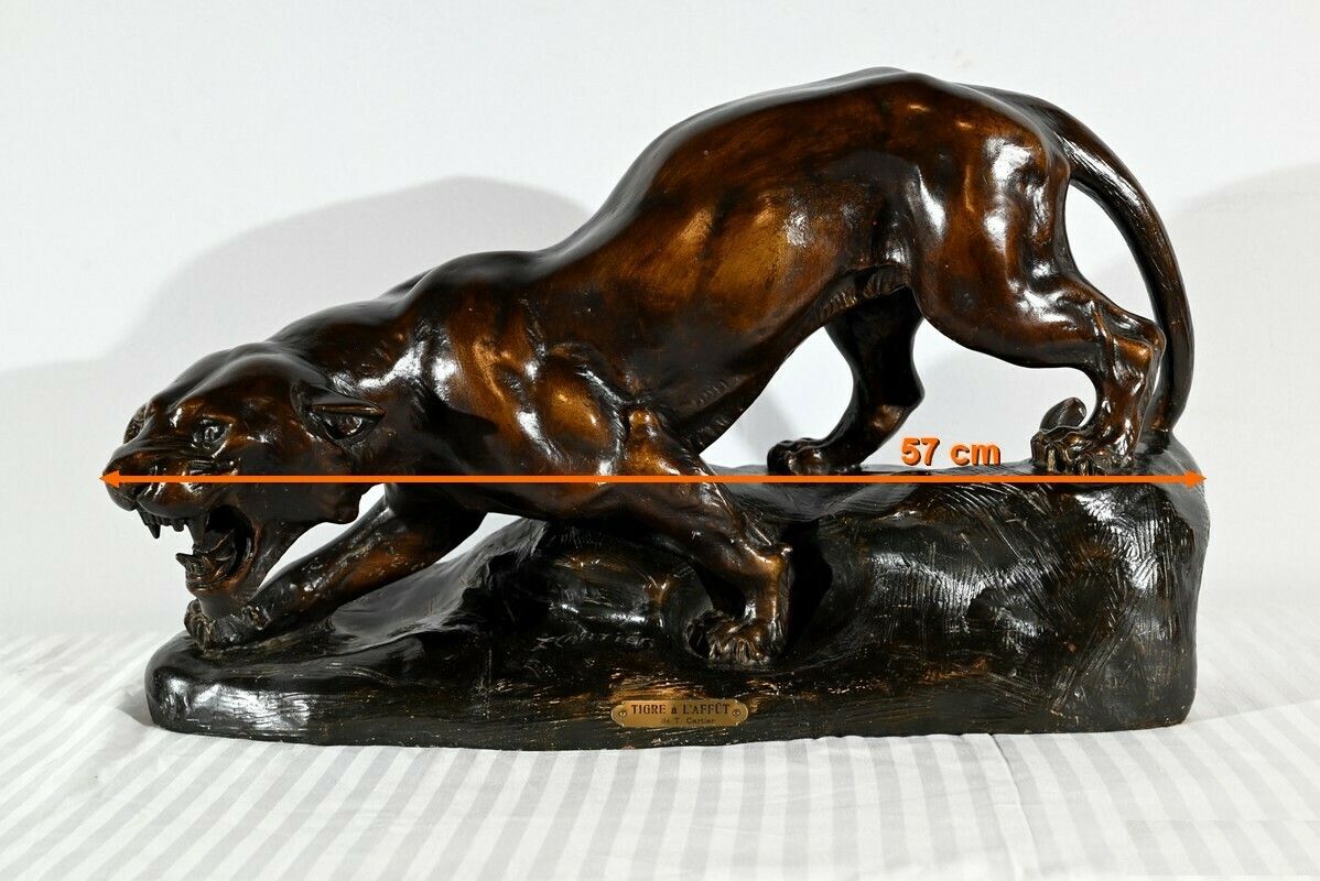 Patinated Terracotta Sculpture “Tiger On The Lookout”, Signed T.Cartier – Early 20th Century photo furniture