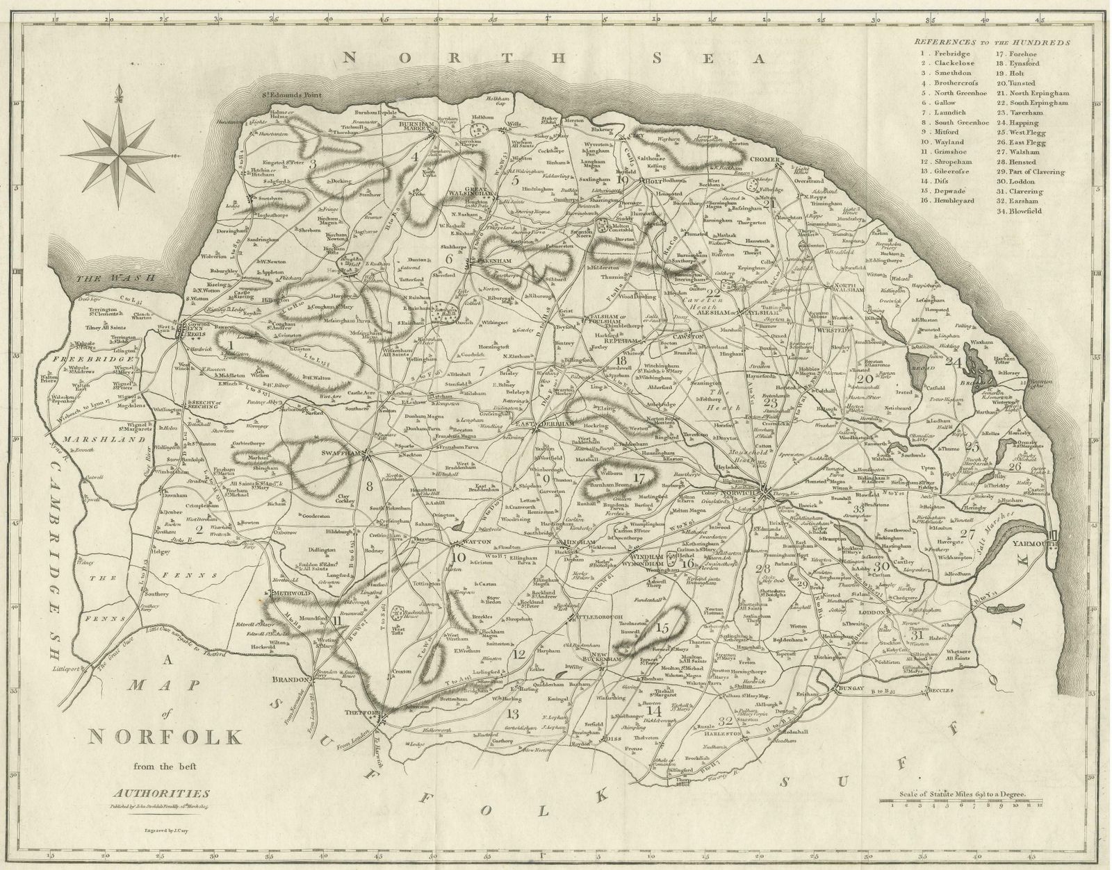 Large Antique County Map Of Norfolk, England photo for sale
