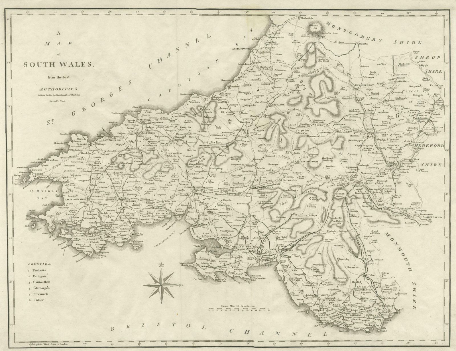 Large Antique County Map Of South Wales, England photo for sale