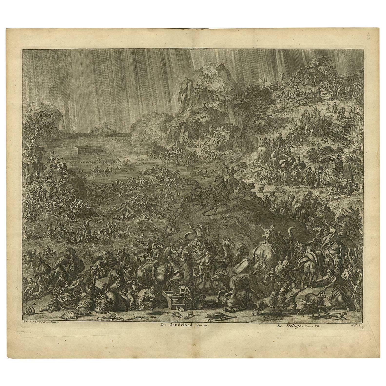 Antique Bible Print The Great Flood By J. Luyken, 1743
