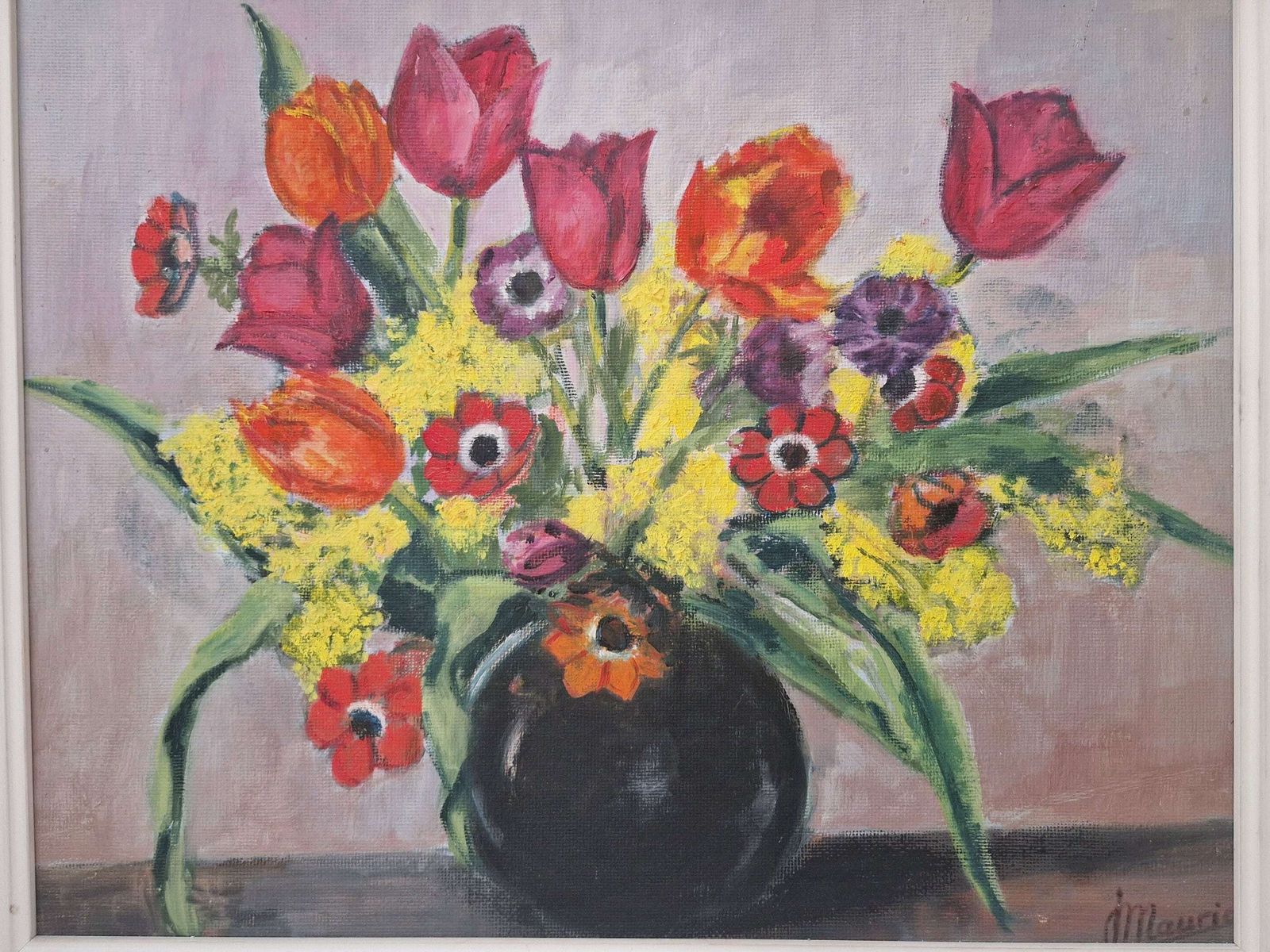 Flower Still Life Painting With Tulips, Anemones And Mimosas, French Country Floral Arrangement Art photo for sale