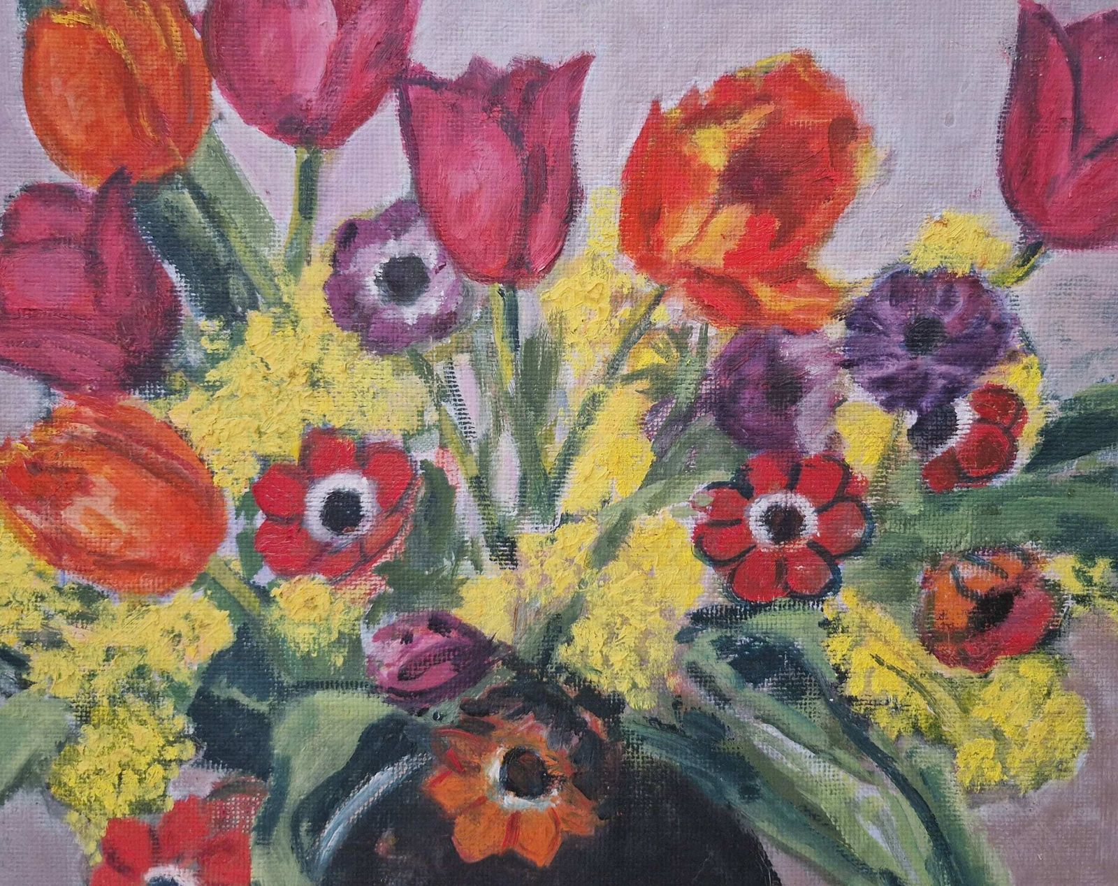 Bloemenstilleven Met Tulpen, Anemonen En Mimosa's – Frans Landelijk Bloemstuk photo 195.0