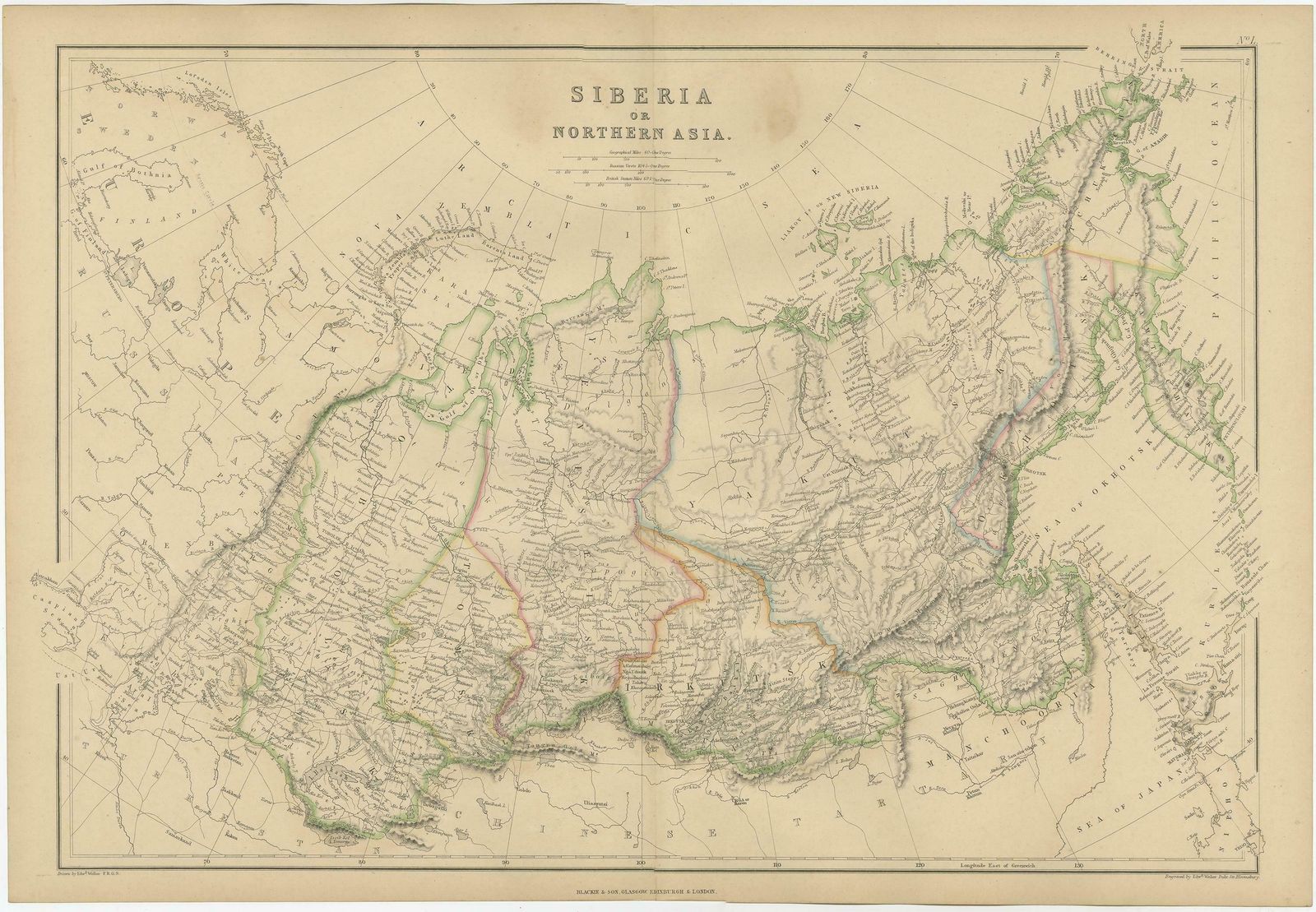 Antique Map Of Siberia, Russia, 1859 photo Art