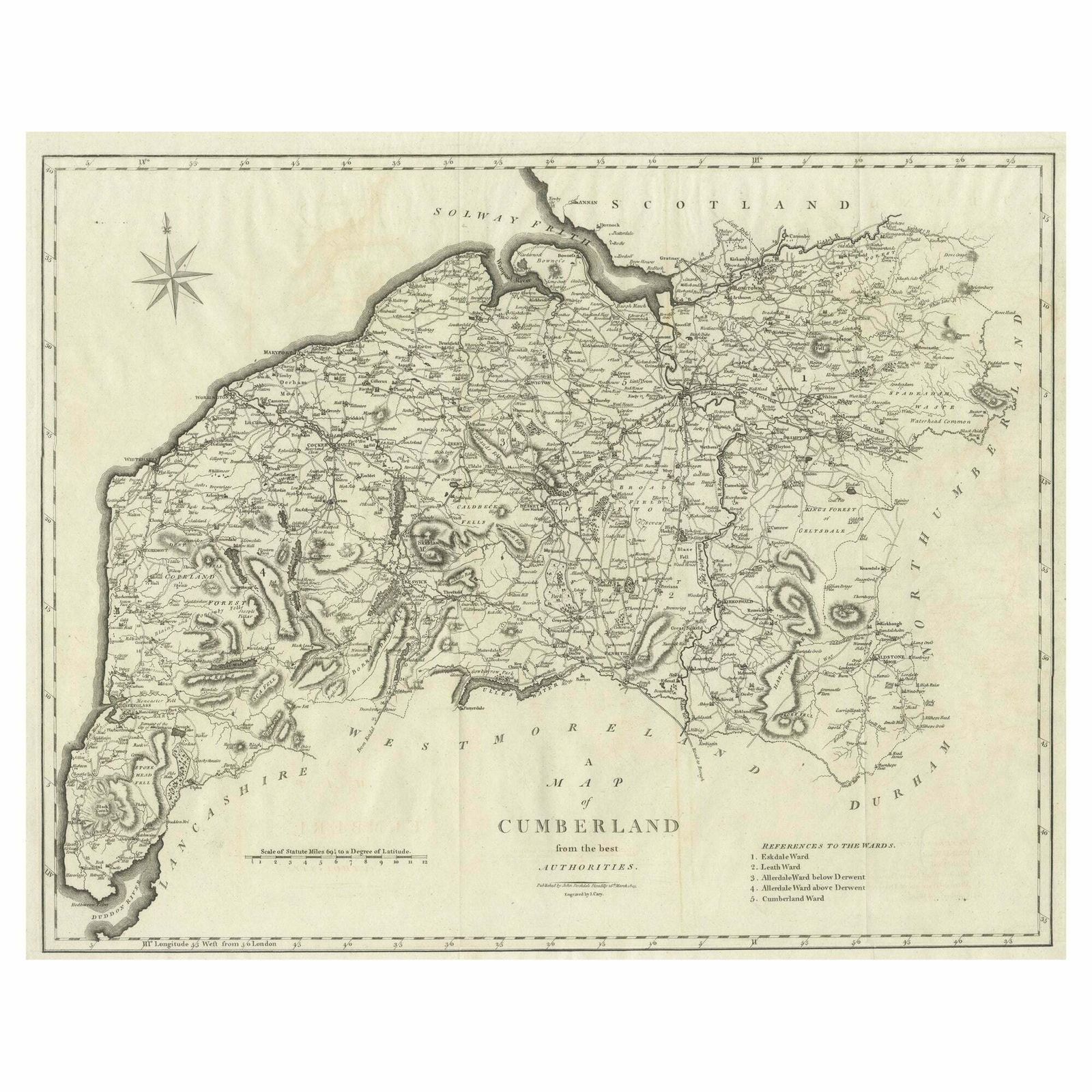 Large Antique County Map Of Cumberland, England