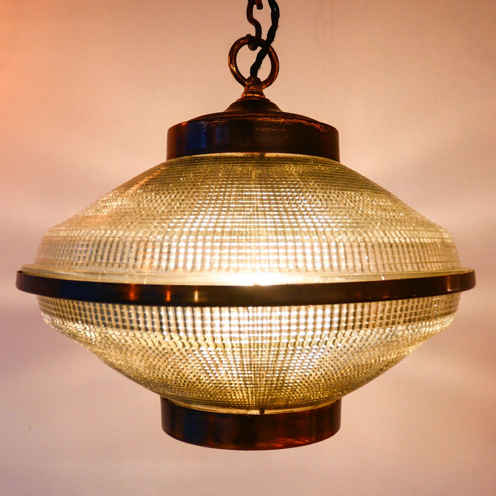 “Ellipse” Pendant Light In Glass And Patinated Brass. photo Lighting