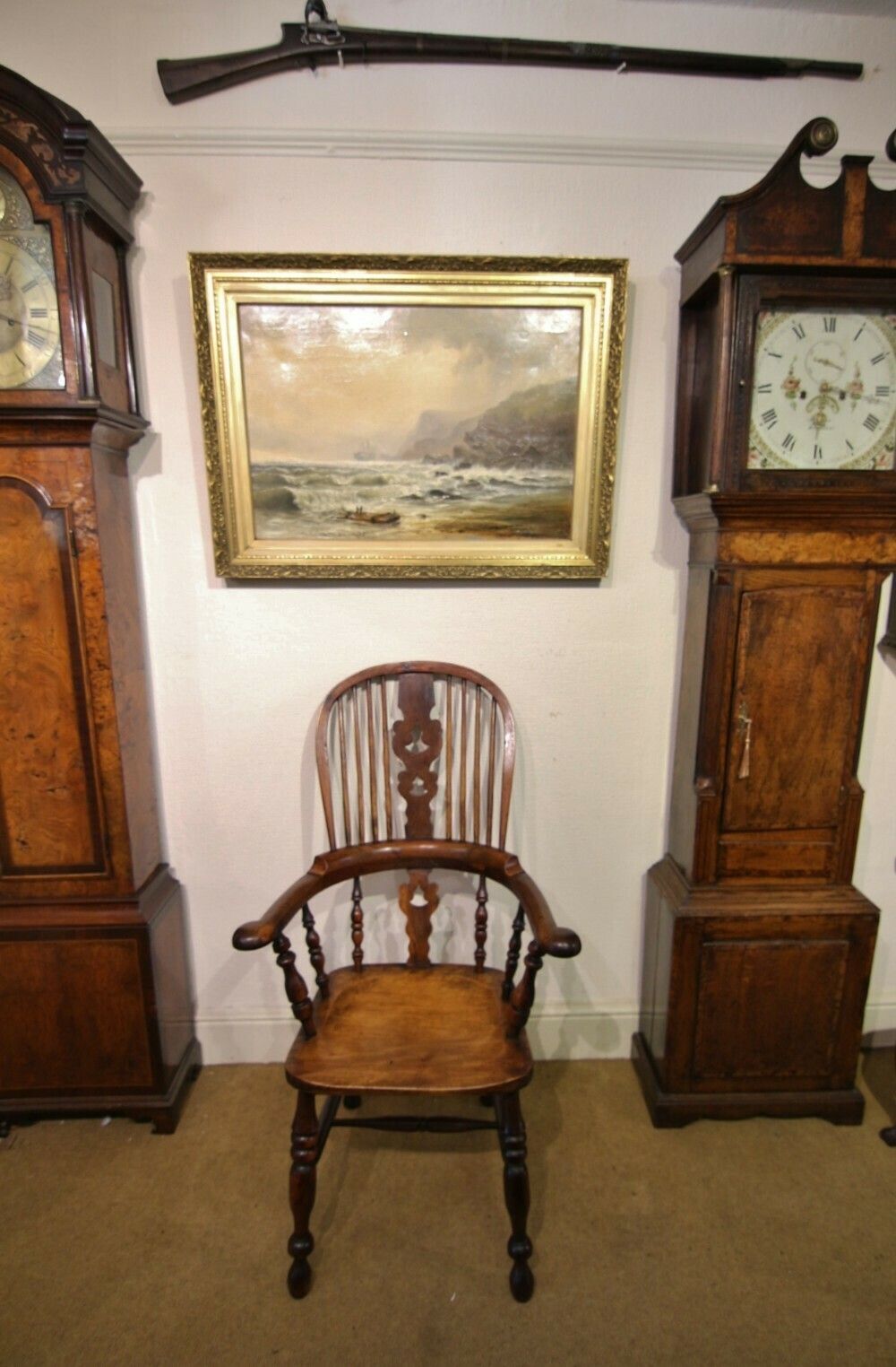 Furniture 19th Century Broad Arm Yew Wood Windsor Armchair photo