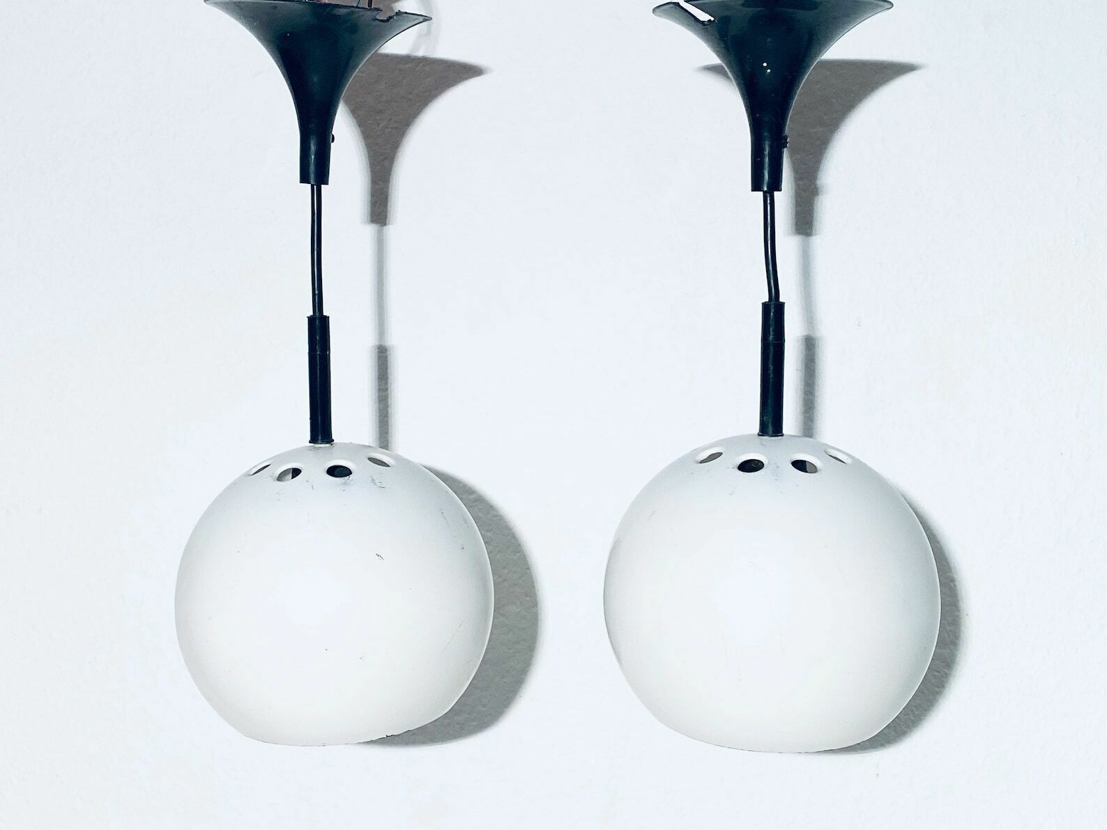 Two 1970s Luminaires Nf Metal White Globe Hanging Lamps / Vintage Decor France