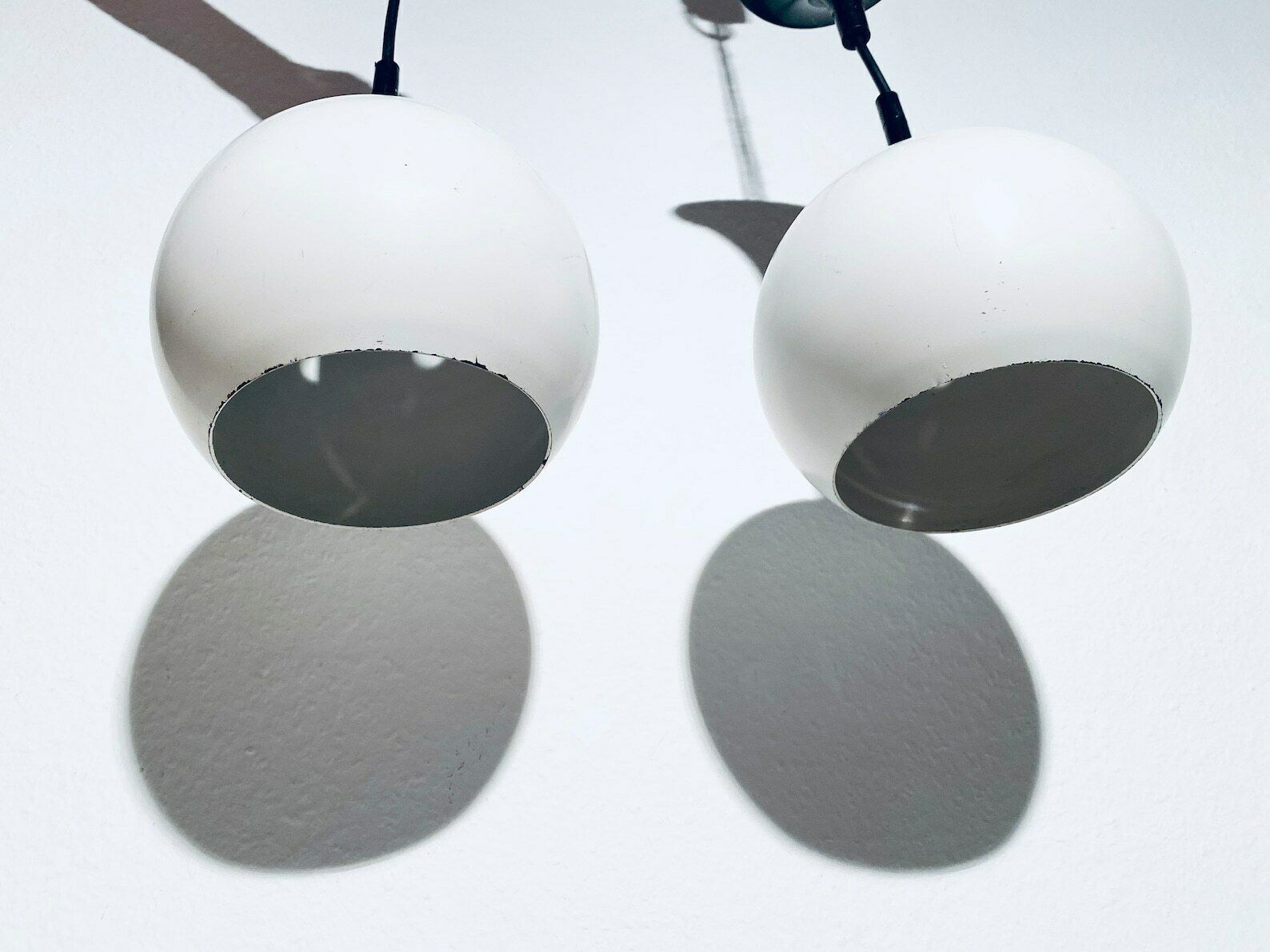 Two 1970s Luminaires Nf Metal White Globe Hanging Lamps / Vintage Decor France photo Lighting