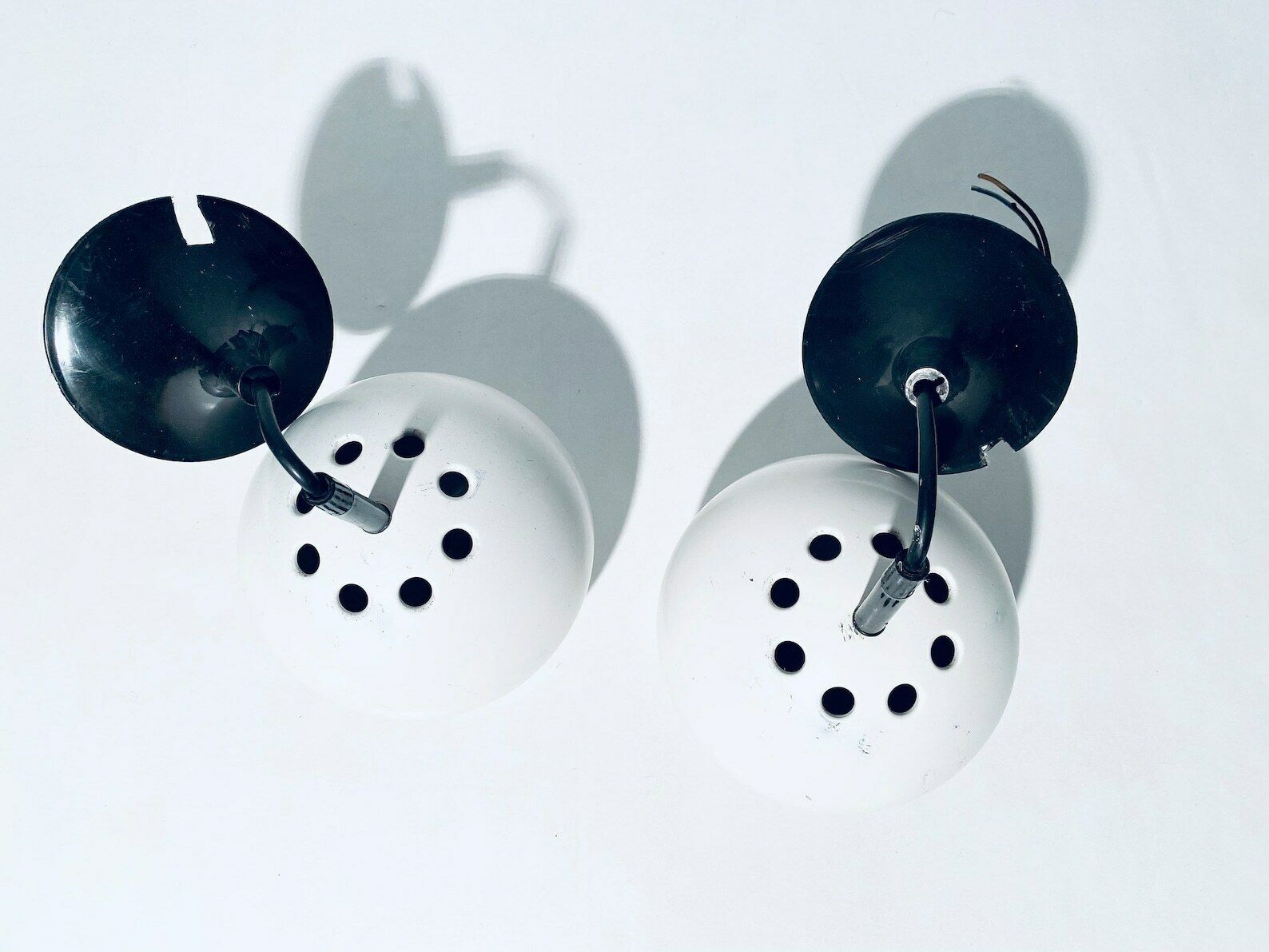 Two 1970s Luminaires Nf Metal White Globe Hanging Lamps / Vintage Decor France photo vinterior