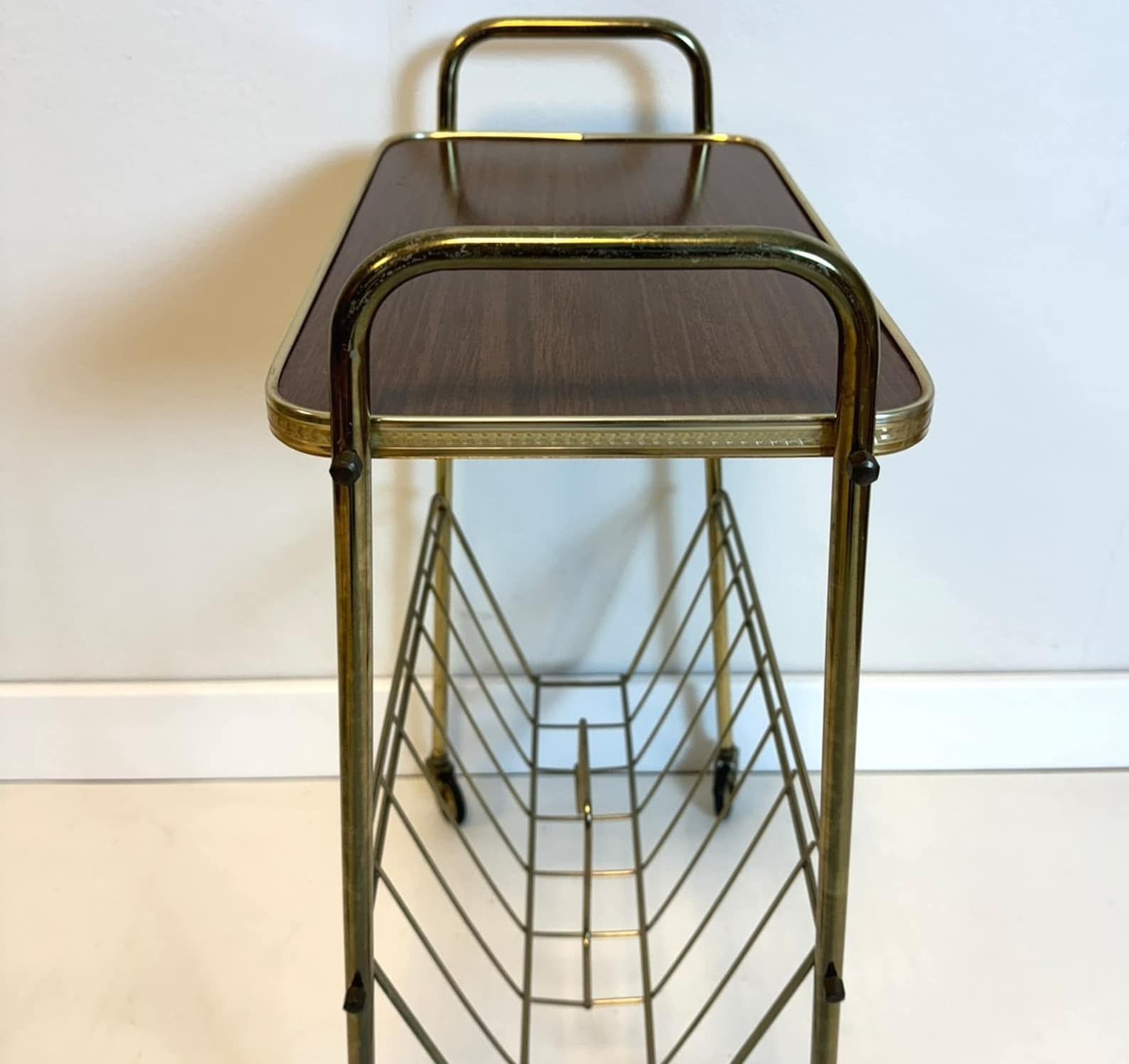 photo for sale Vintage Mid Century Modern Brass Trolley Magazine Holder Table Mcm 60s