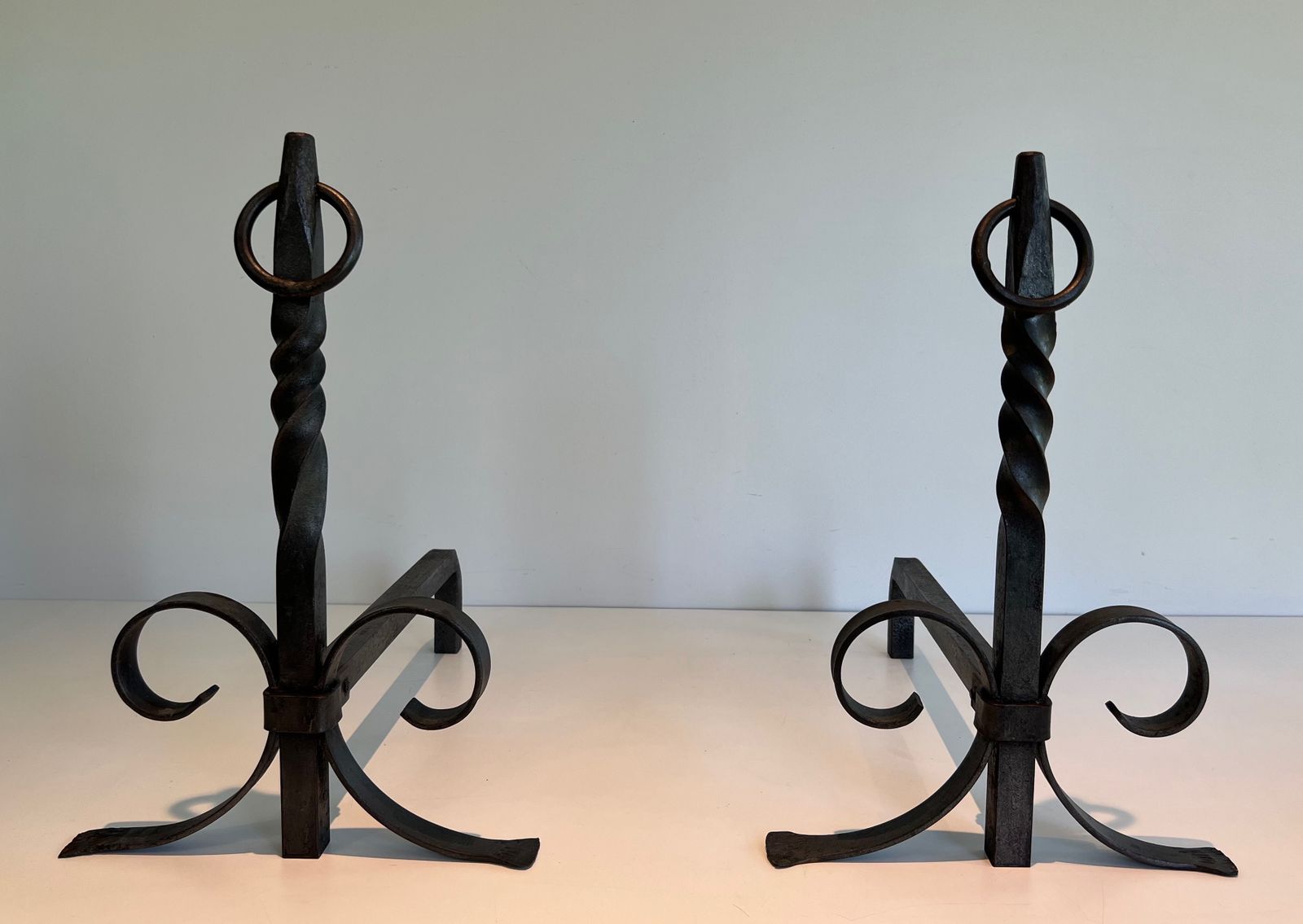 photo for sale Pair Of Wrought Iron Andirons, 1950s