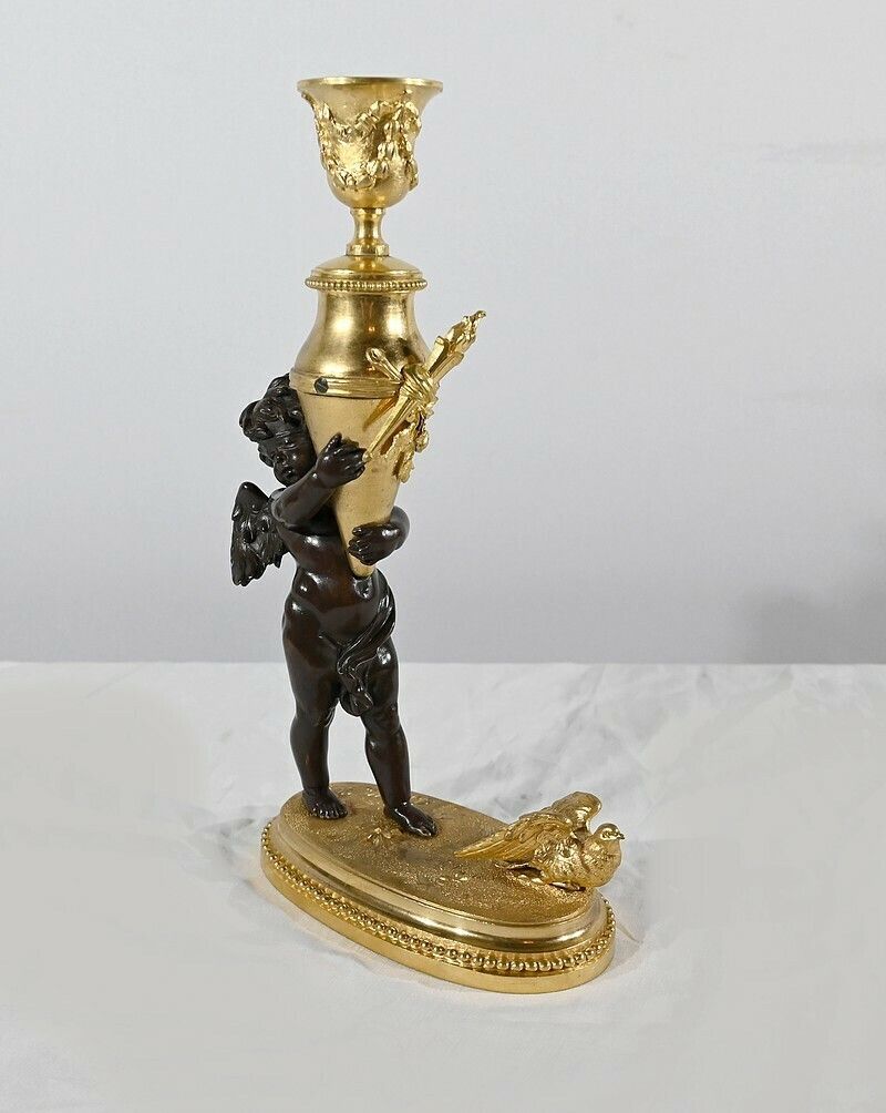 Home Decor Bronze Candlestick “Blindfolded Love”, Signed Ferville Suan – Late 19th Century photo