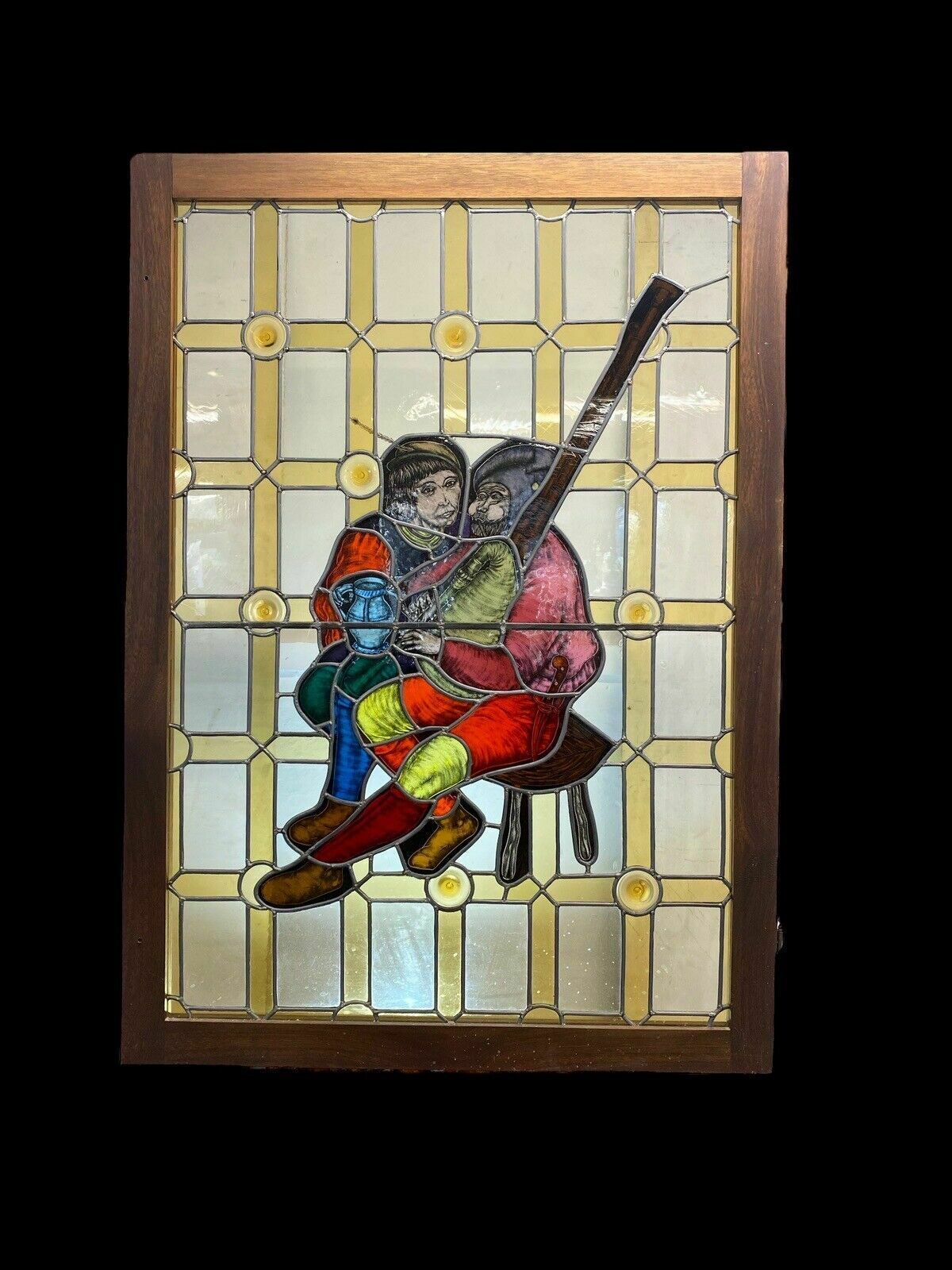 Large Medieval Stained Glass Hand Painted Window Panel Old Refufb Antique Lead