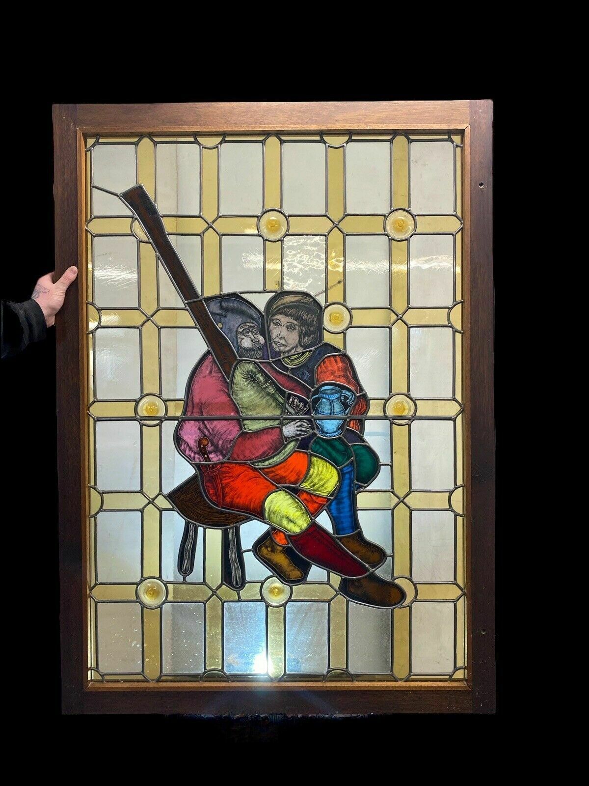 2891.0 Large Medieval Stained Glass Hand Painted Window Panel Old Refufb Antique Lead photo