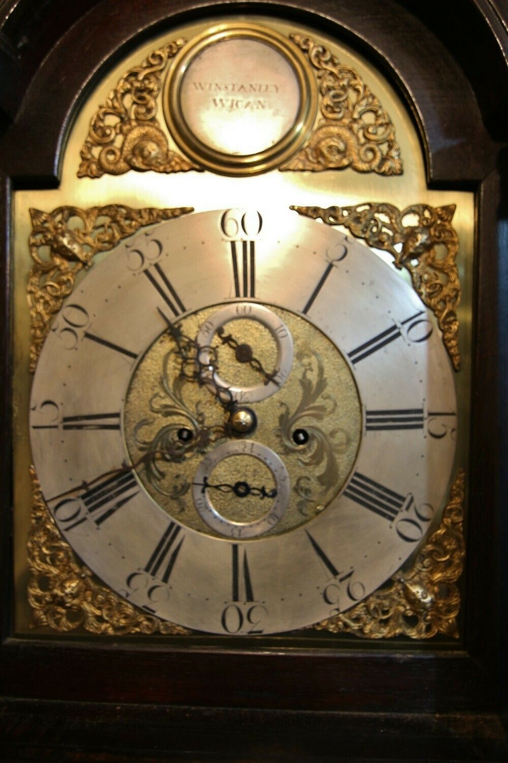 Good 18th Century Lancashire Oak & Mahogany Brass Dial 8 Day Longcase Clock 'Winstanley, Wigan' photo for sale