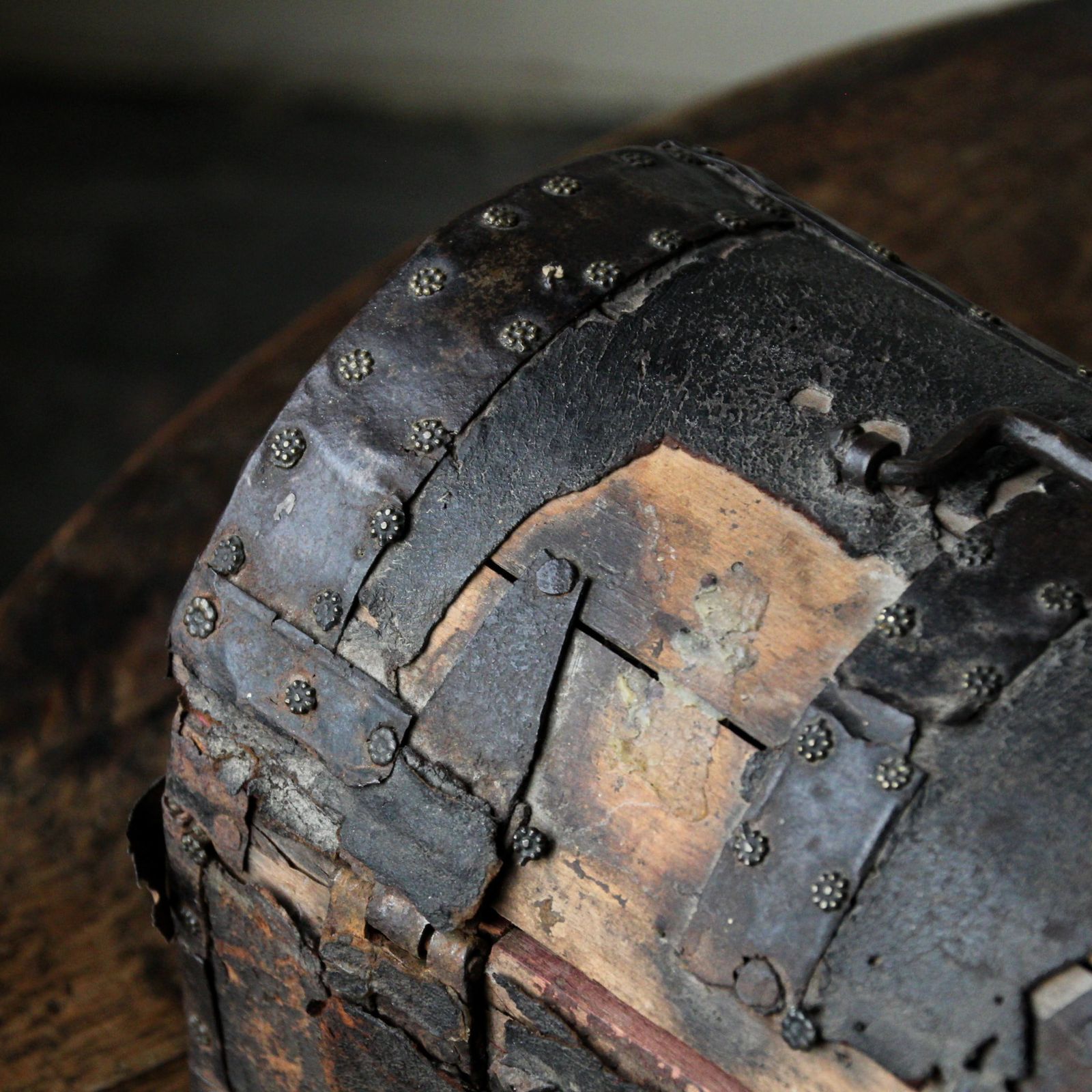 photo for sale Antique 16th Century Leather Bound Wooden Casket Or Coffret, Spanish