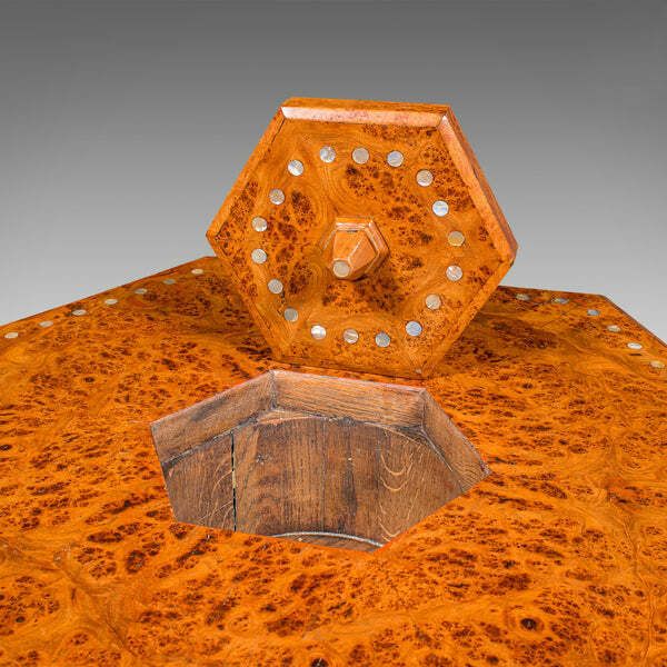 photo for sale Vintage Hexagonal Coffee Table, English, Burr Walnut, Centrepiece, Art Deco