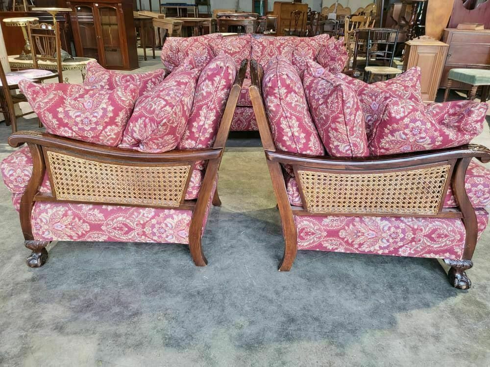 Antique 3 Piece Suite 20thc Bergere Sofa 24 Feather Cushions 2 Bergere Armchair photo vintage