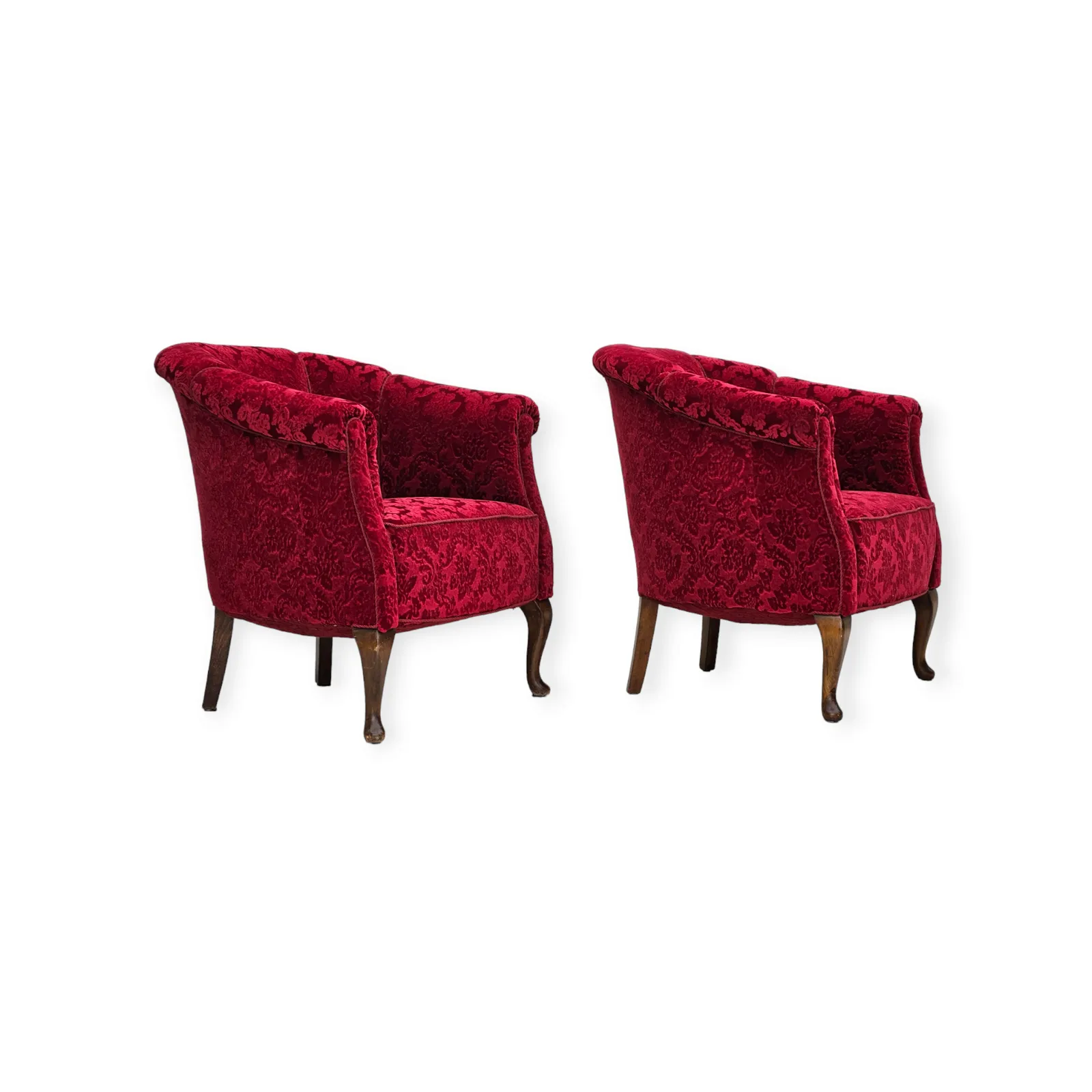 1950s, Pair Of Danish Lounge Chairs, Red Cotton/Wool Fabric.