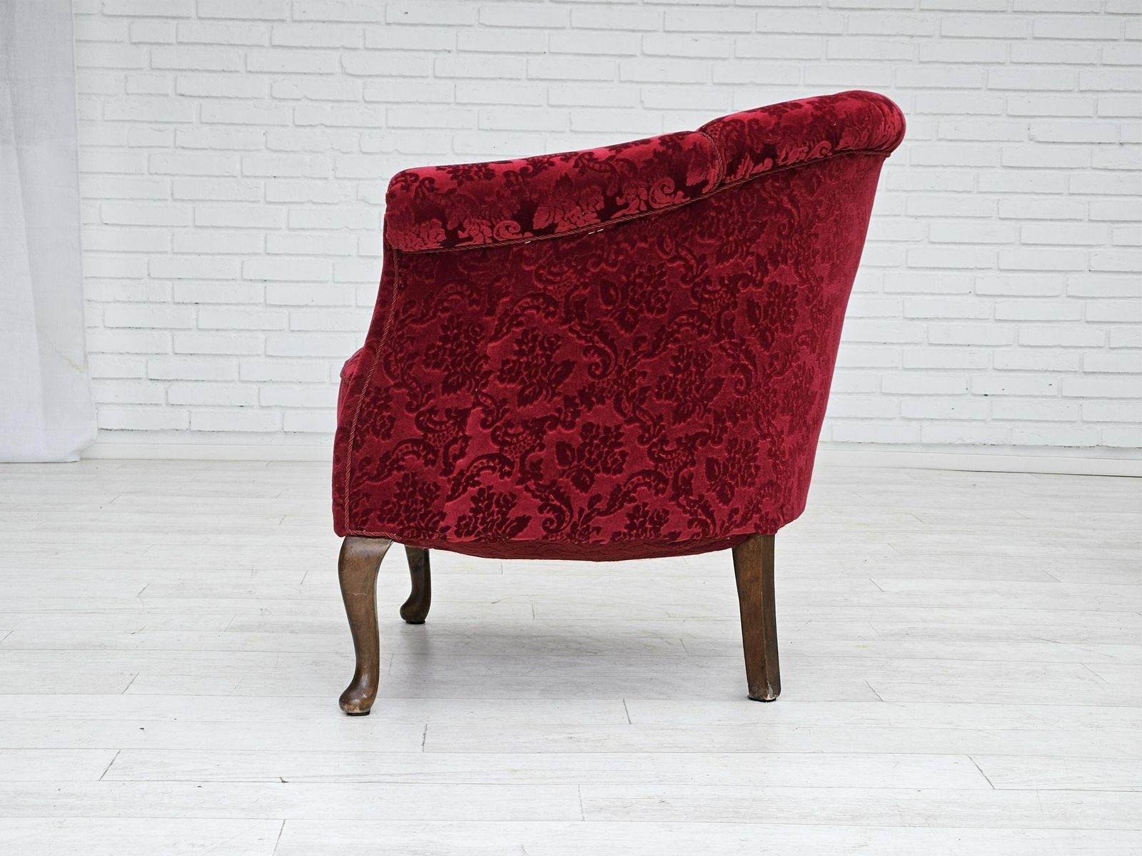 photo buy 1950s, Pair Of Danish Lounge Chairs, Red Cotton/Wool Fabric.