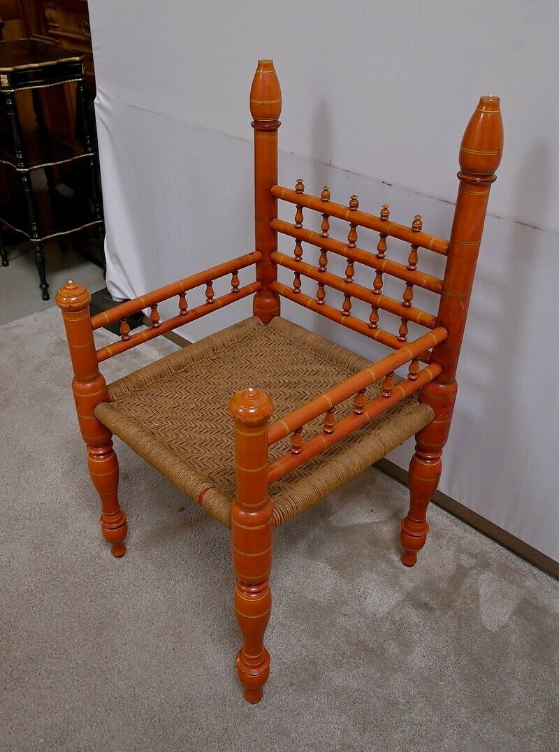 Armchair In Painted Wood And Braided Ropes, India – 1st Part 20th Century photo for sale