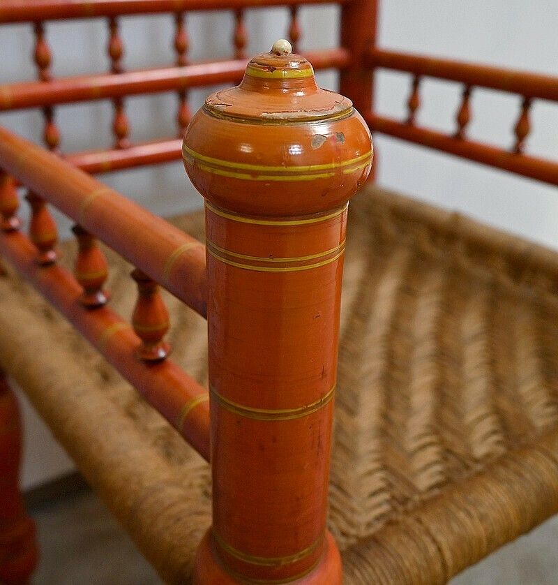 Armchair In Painted Wood And Braided Ropes, India – 1st Part 20th Century photo vintage