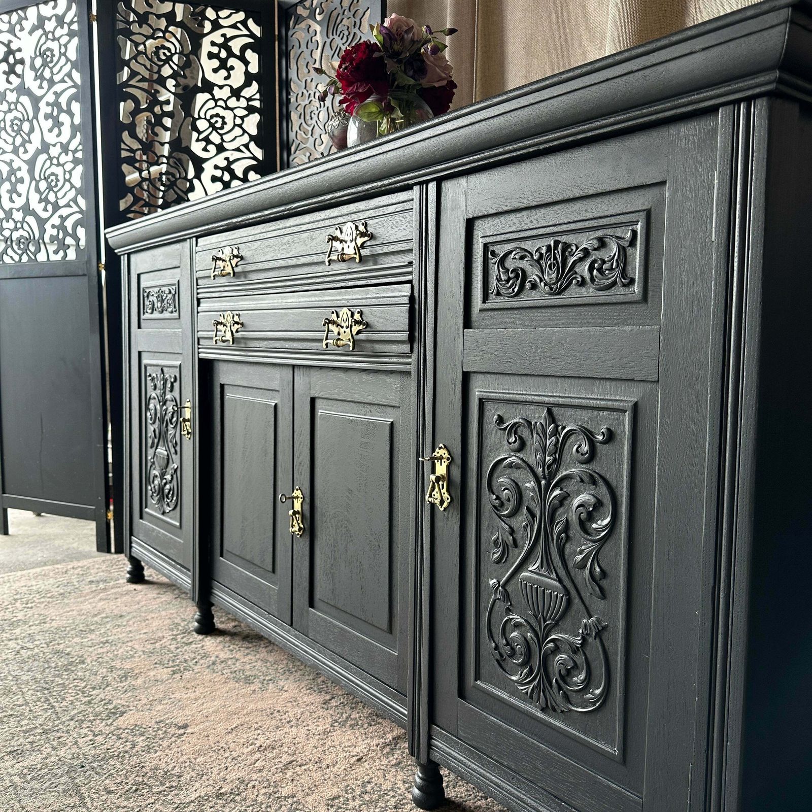 photo for sale Painted Antique Sideboard Victorian Sideboard Heavily Carved Commission Order