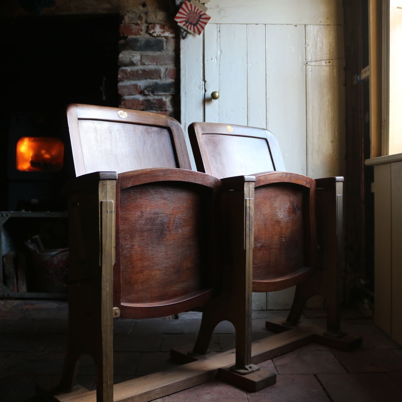 English Antique Beech Wood Cinema Theatre Seats photo for sale