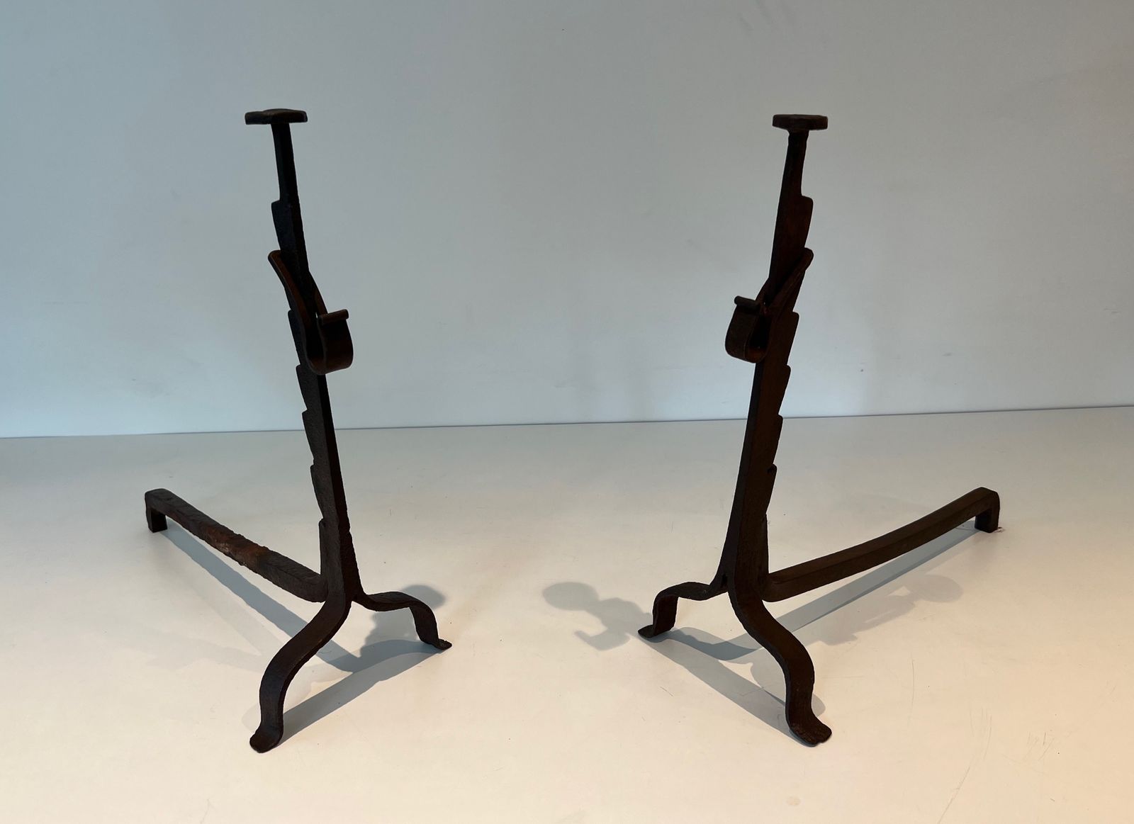 Home Fixtures Pair Of Wrought Iron Andirons, 1900s photo