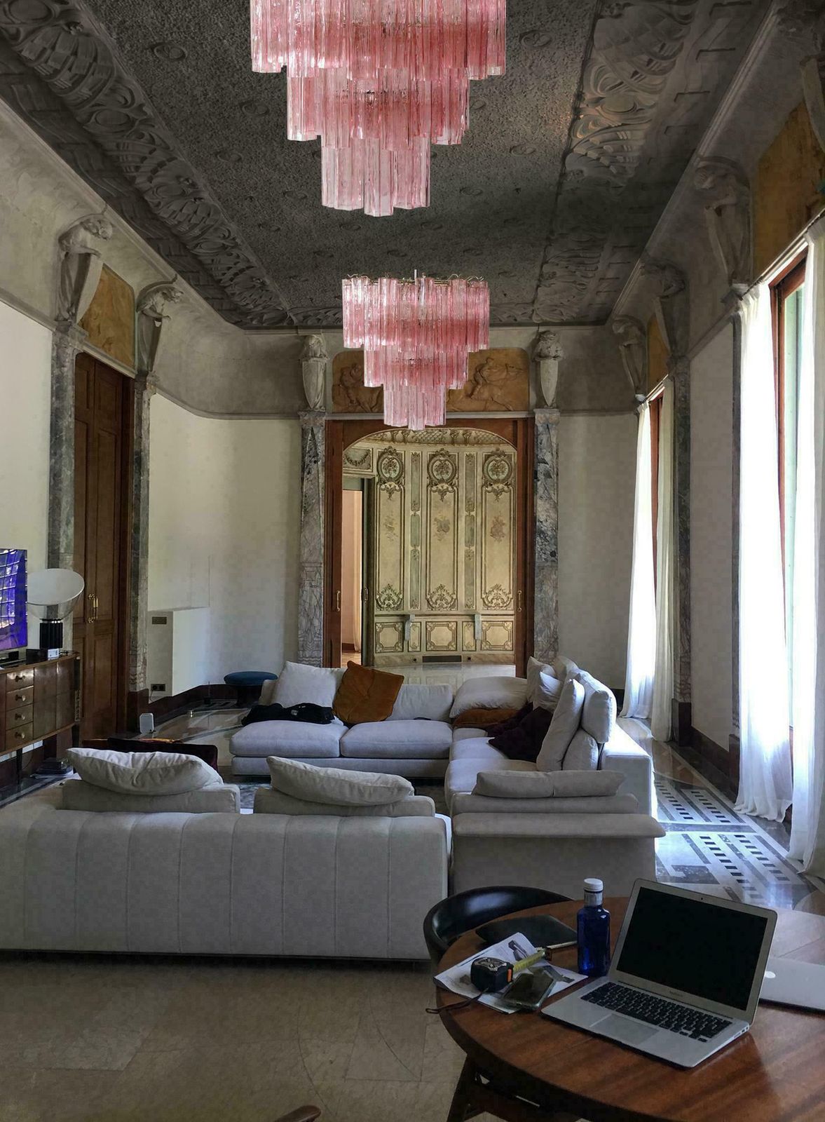 Trio Of 52 Pink Tronchi Chandeliers Style Toni Zuccheri For Venini, Murano photo buy