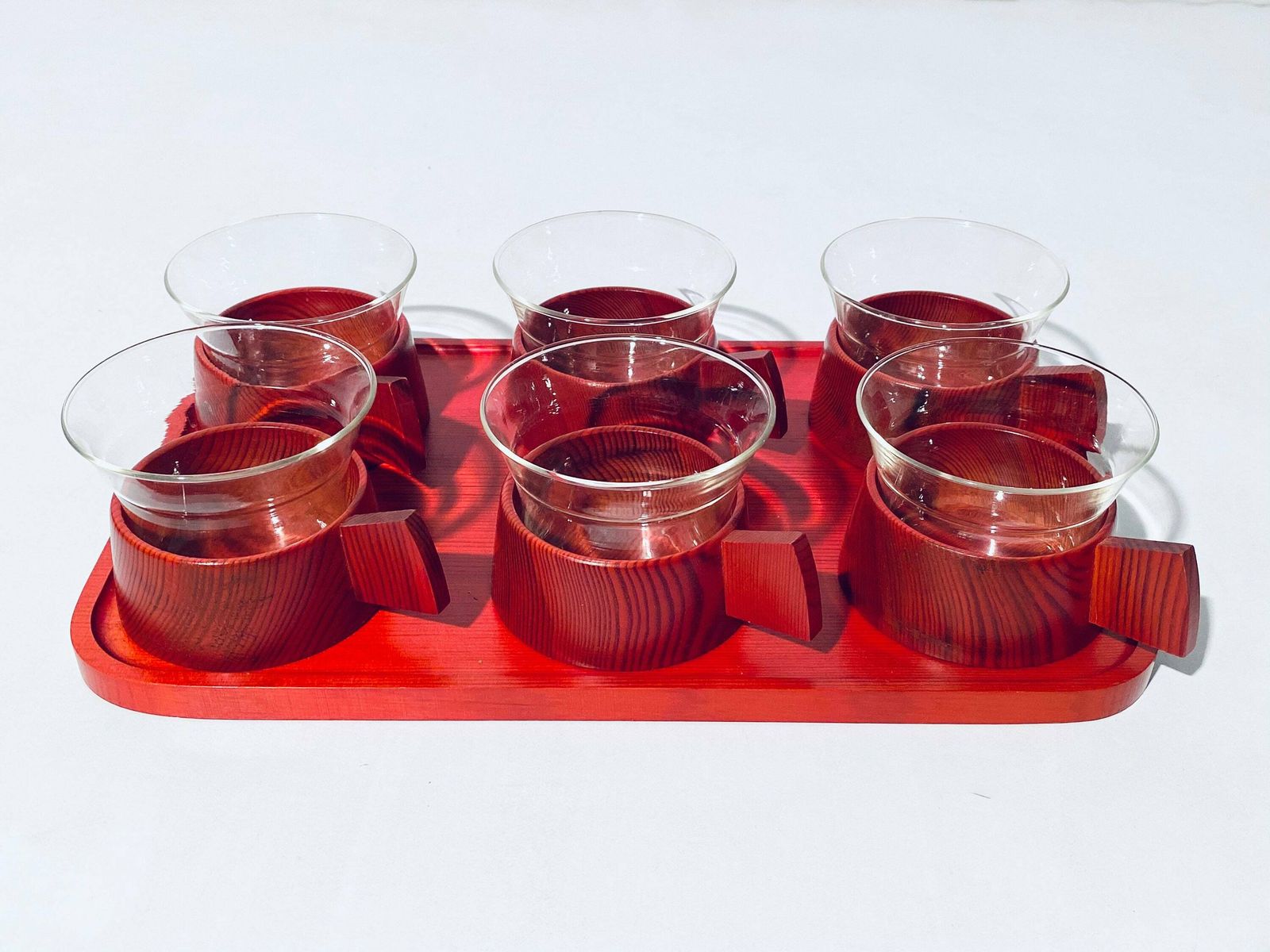 Red Wooden Tea Set With Six Glasses Plus Tray Schott Mainz Jenaer Glas / Vintage Decor 1960s photo furniture
