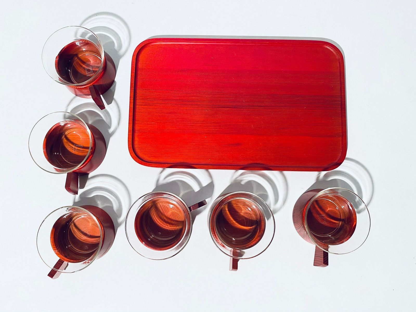 photo for sale Red Wooden Tea Set With Six Glasses Plus Tray Schott Mainz Jenaer Glas / Vintage Decor 1960s