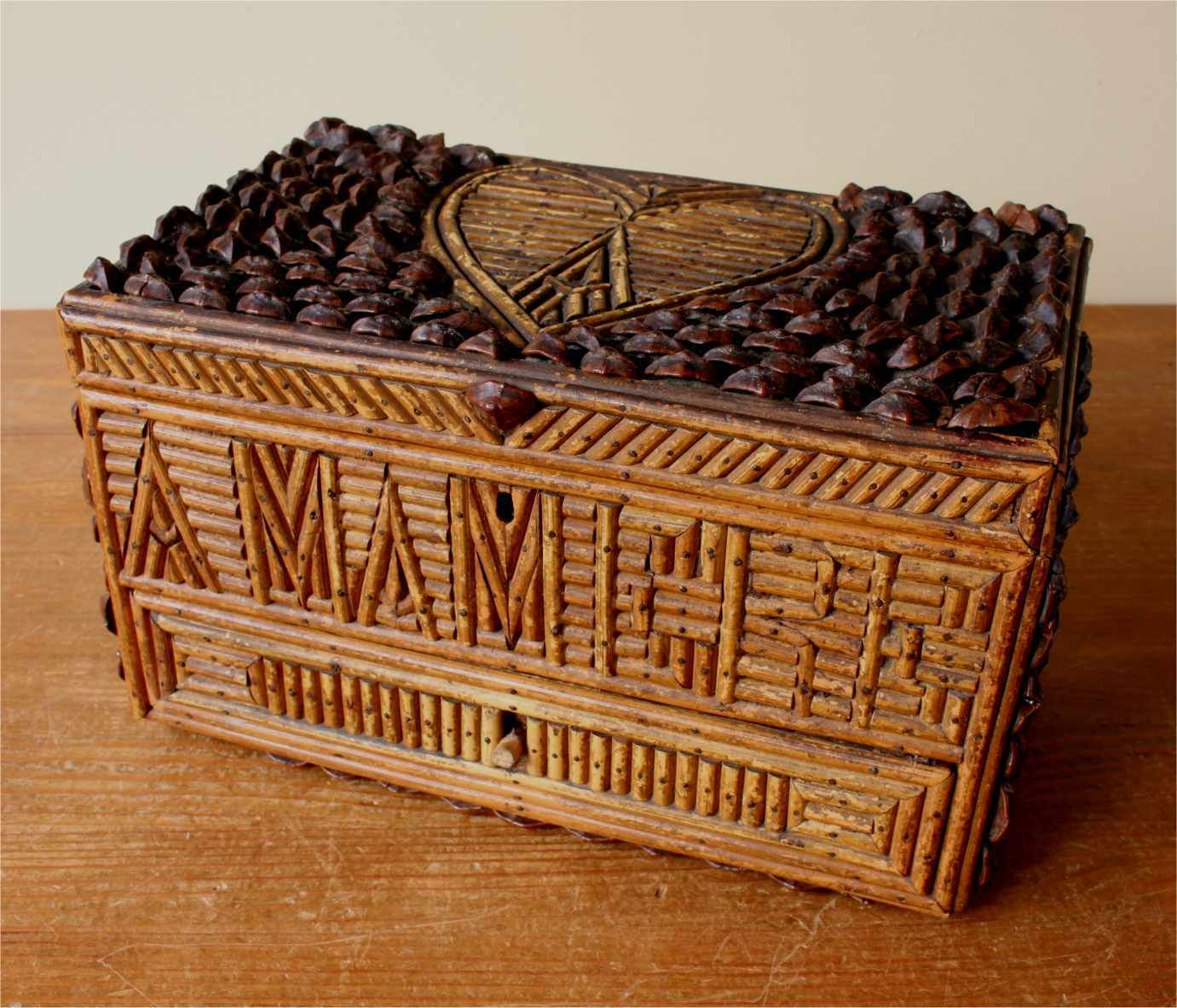 Folk Art Wooden Box & Pine Cone Scale Decoration. Ma Mere French. C1920.