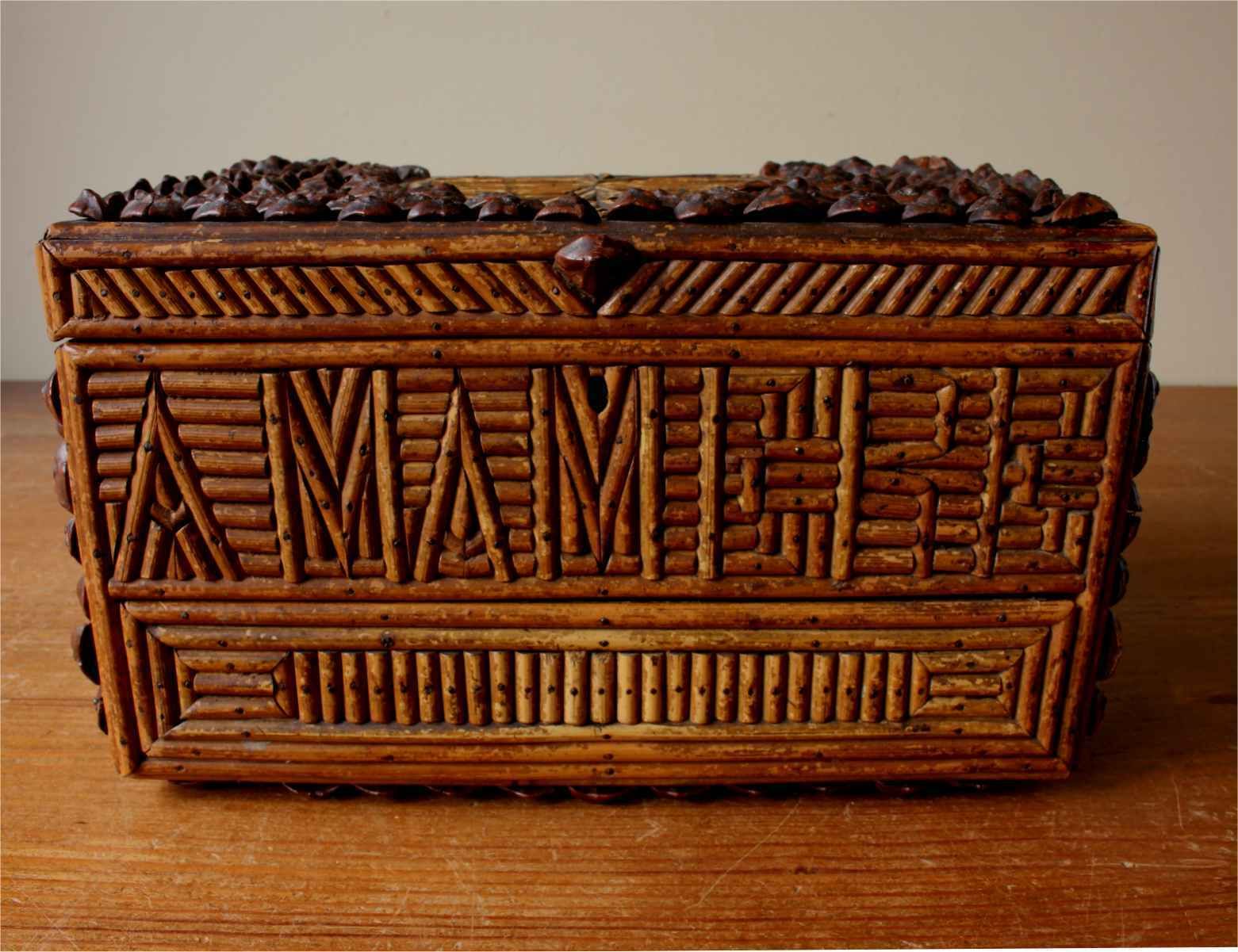 Folk Art Wooden Box & Pine Cone Scale Decoration. Ma Mere French. C1920. photo for sale