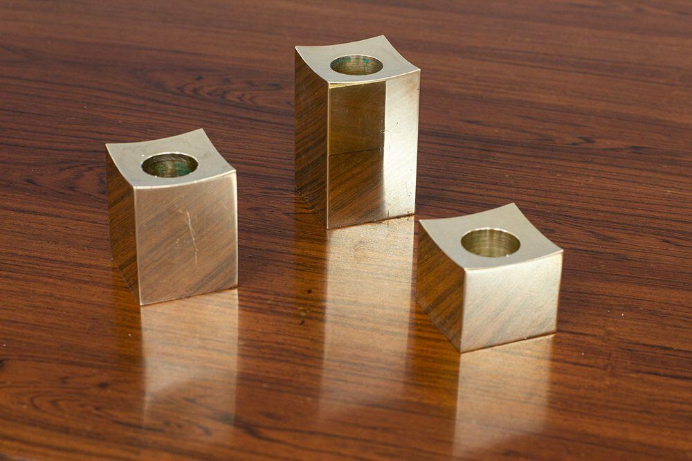 Swedish Cubic Brass Candlesticks By Gusum Metallslöjden, 1980s, Set Of 12