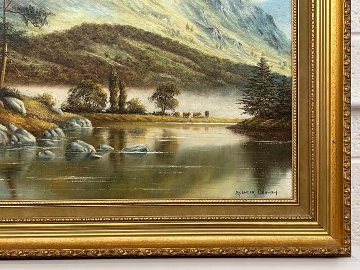 Spencer Coleman Oil Painting Of Mountain Countryside Scene With Lake, Birds & Cattle In England photo Art