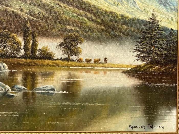 Spencer Coleman Oil Painting Of Mountain Countryside Scene With Lake, Birds & Cattle In England photo 1950.0