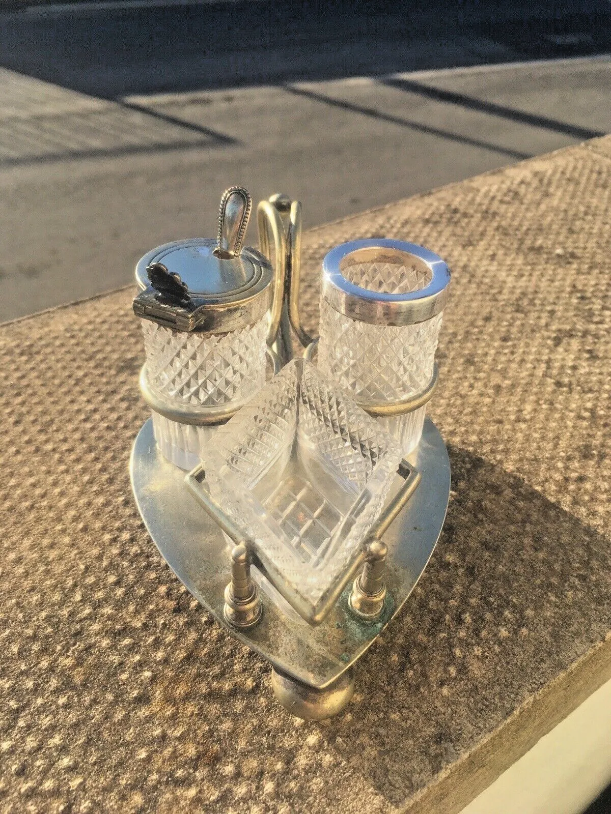 Antique Art Nouveau John Grinsell & Sons Cruet Set Silver Plate Glass Heart Tray photo furniture