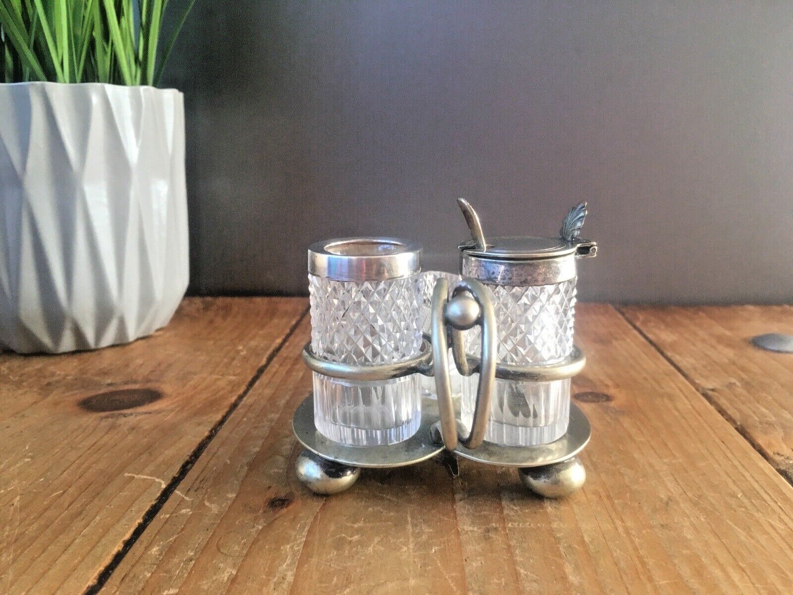 Antique Art Nouveau John Grinsell & Sons Cruet Set Silver Plate Glass Heart Tray photo vinterior