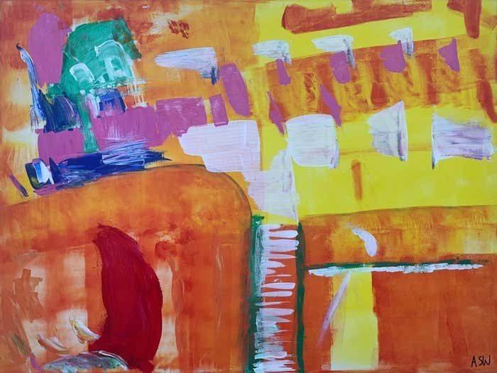Angela Wakefield Abstract Painting With Yellow Orange Red & Pink By Contemporary British Artist 2005