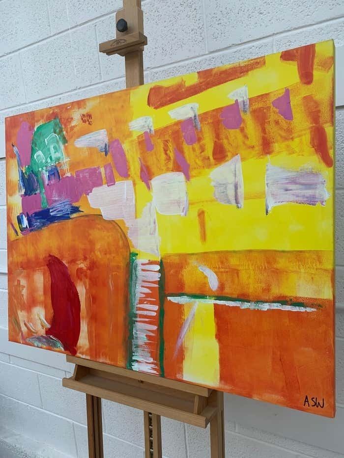 Angela Wakefield Abstract Painting With Yellow Orange Red & Pink By Contemporary British Artist 2005 photo Art