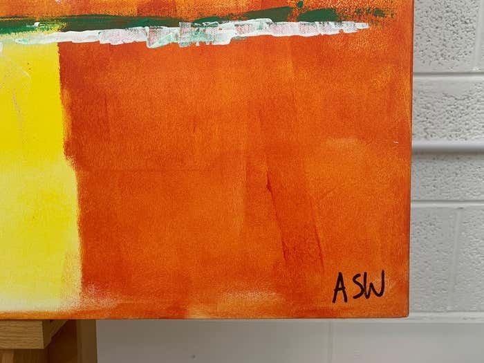 Angela Wakefield Abstract Painting With Yellow Orange Red & Pink By Contemporary British Artist 2005 photo 12000.0
