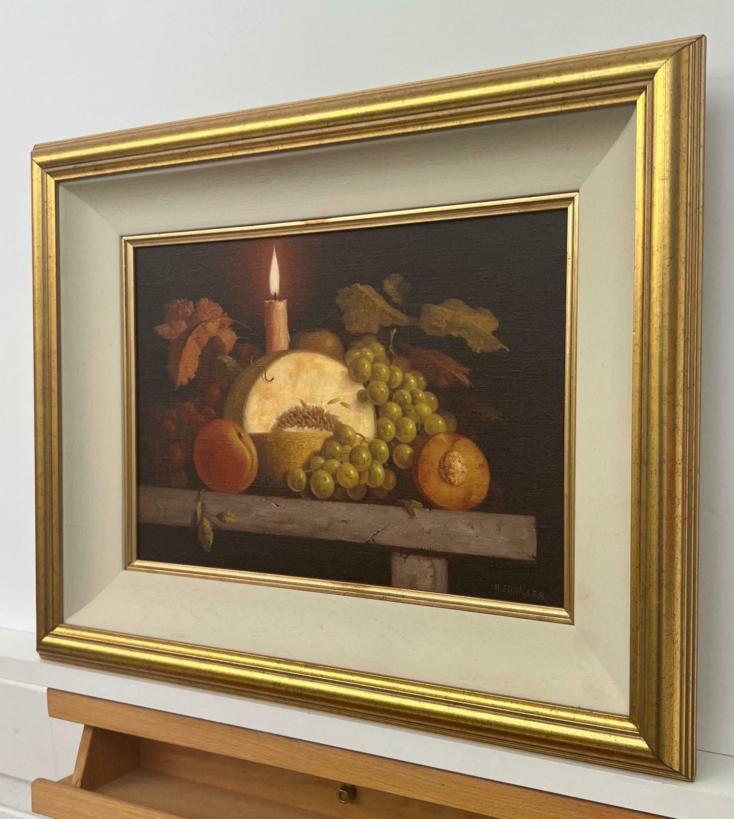 Howard Shingler Traditional Interior Still Life Oil Painting Of Fruit & Candle By British Artist 1985 Circa photo Art