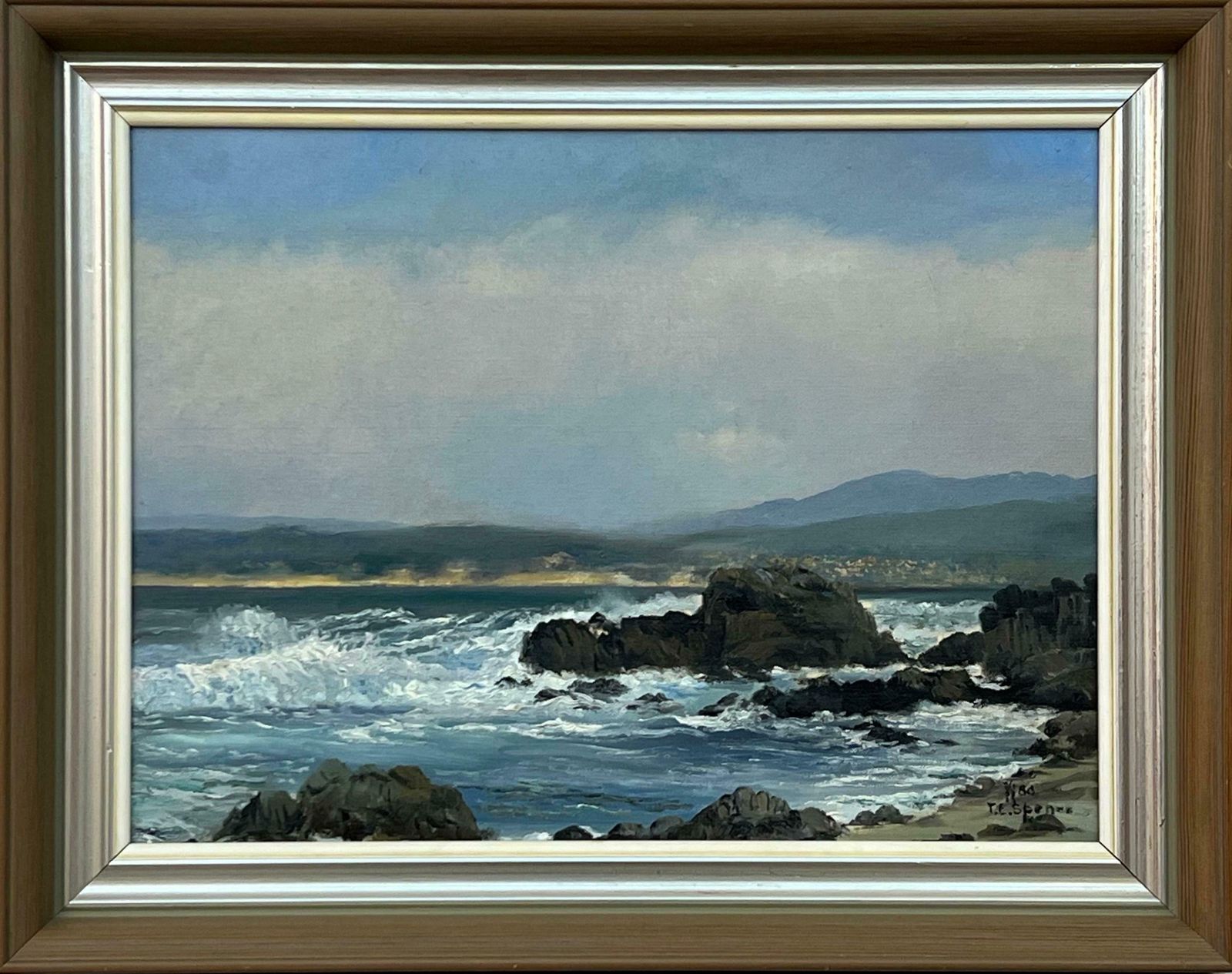 Tobias Everet Spence Seascape Painting Of Waves Crashing Against The Rocks At Pacific Grove, Monterey 1980