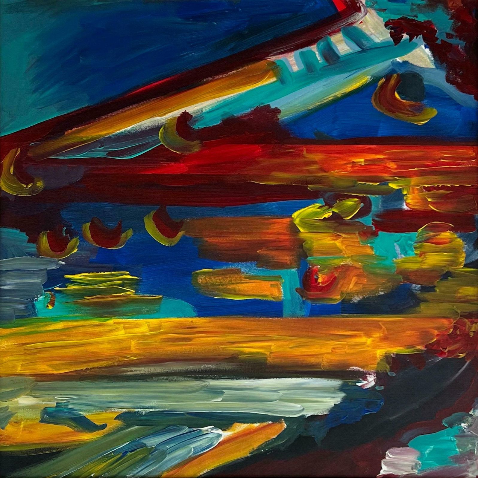 Angela Wakefield Psychedelic Abstract Landscape Painting Of Urban City Scene By British Artist 2005 photo furniture